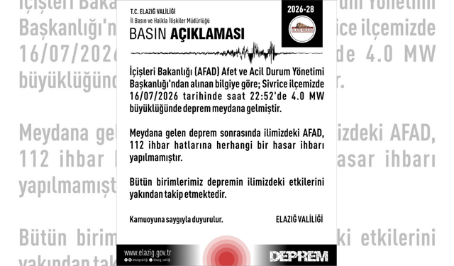 Elazığ Valiliği: Herhangi Bir Olumsuzluk Bildirilmedi