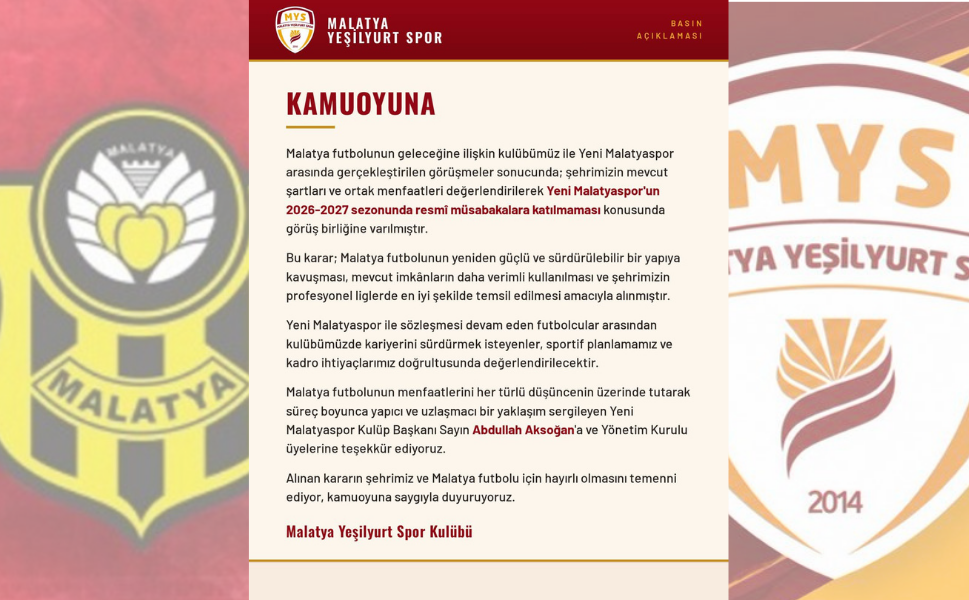 Yeni Malatyaspor Sezona Katılmama Kararı Aldı