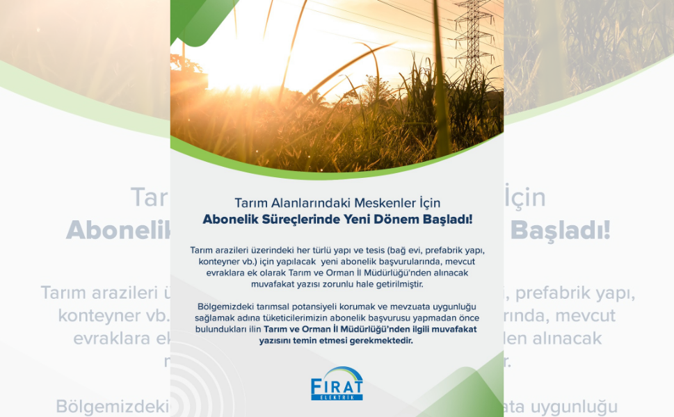 Tarım Alanlarındaki Meskenlere Abonelikte Yeni Şart!